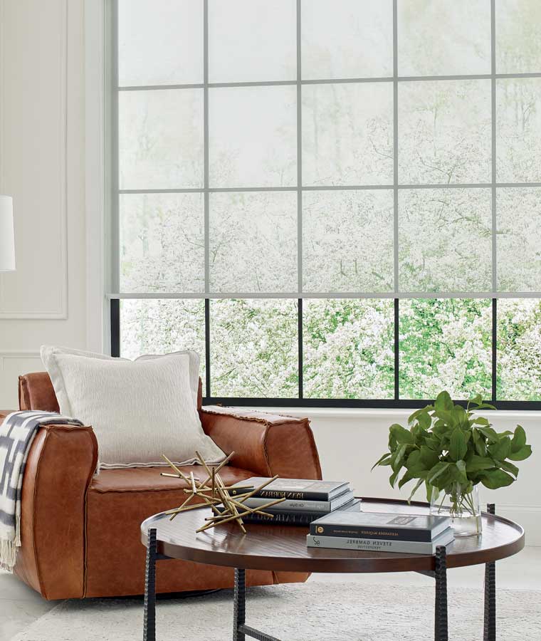 bright living room with white designer roller shades