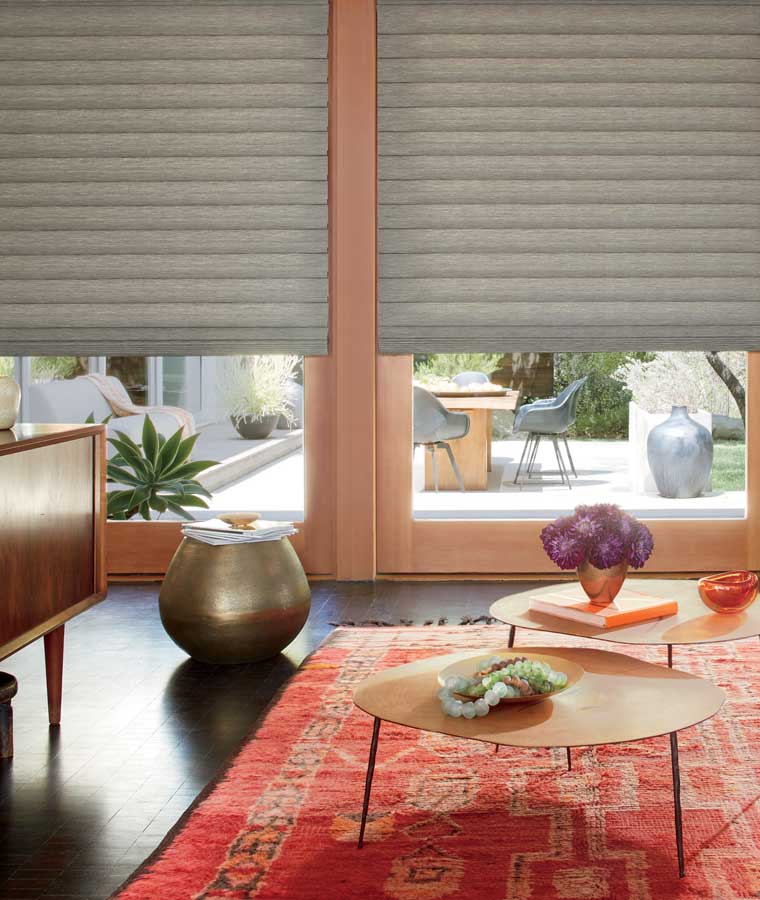 living room with glass door and vignette modern roman shades