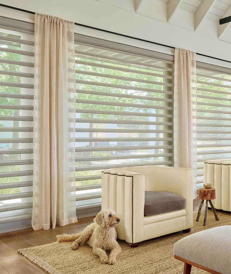 pirouette window shadings and custom drapery bright living room